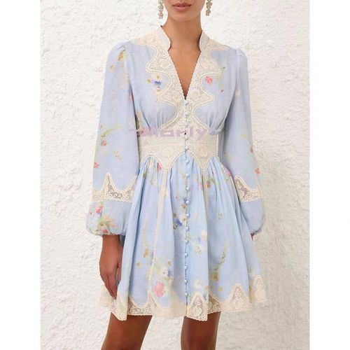 French style, small and beautiful, temperament, seaside vacation, especially beautiful, waist-pinched blue printed dress, women's summer dress
