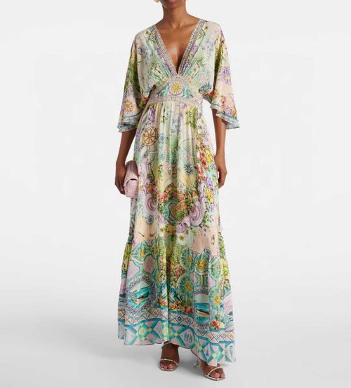 Camilla2025 spring and summer celebrity style green v-neck long silk dress