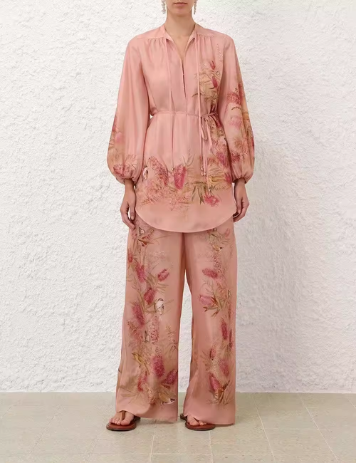 New Spring and Summer Silk Long Sleeve Waist Tie Top Wide Leg Waist Pants Loose Suit