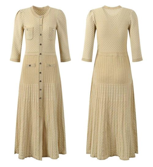 French SD champagne waist long skirt 25 autumn gold thread round neck hook flower single-breasted hollow slim knitted mid-length dress