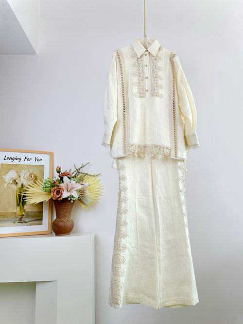 2025 Spring ILLUMINATE Linen Trim Detail Long Sleeve Shirt Pants Set