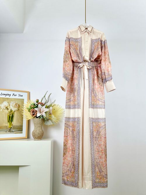 100% twill silk floral long-sleeved shirt Temperament retro daily casual loose slim straight pants suit