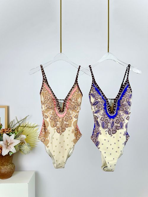 Shirt-style top + one-piece swimsuit Retro cashew flower comes with eye-catching buff