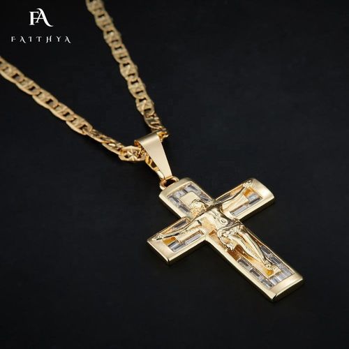 Jesus 14k Gold Plated Saint Benedict Religious Cross Pendant Catholic Crucifix Necklace for Men