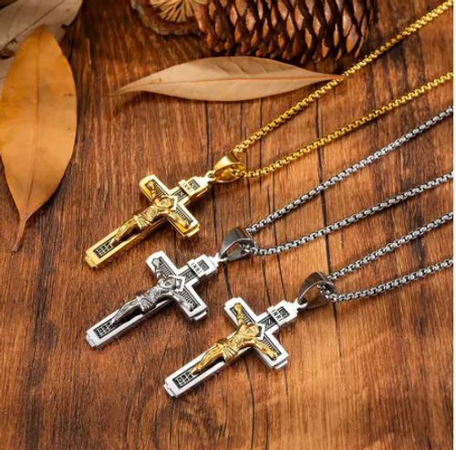 Embossed gold cross pendant necklace