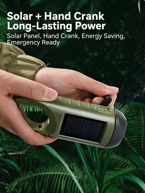Hand-cranked flashlight, solar-powered rechargeable, super-bright emergency outdoor portable compact handheld lamp for home use.