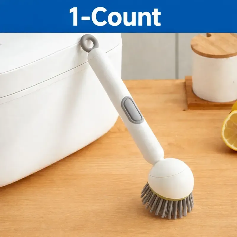 6-in-1 ABS Dish Brush with Soap Detergent Dispenser, Adjustable Angle, Rotatable Scrub Function, Wall Mount - Includes Scouring Pad, Ideal for Sink, Pots, Pans Kitchen Cleaning