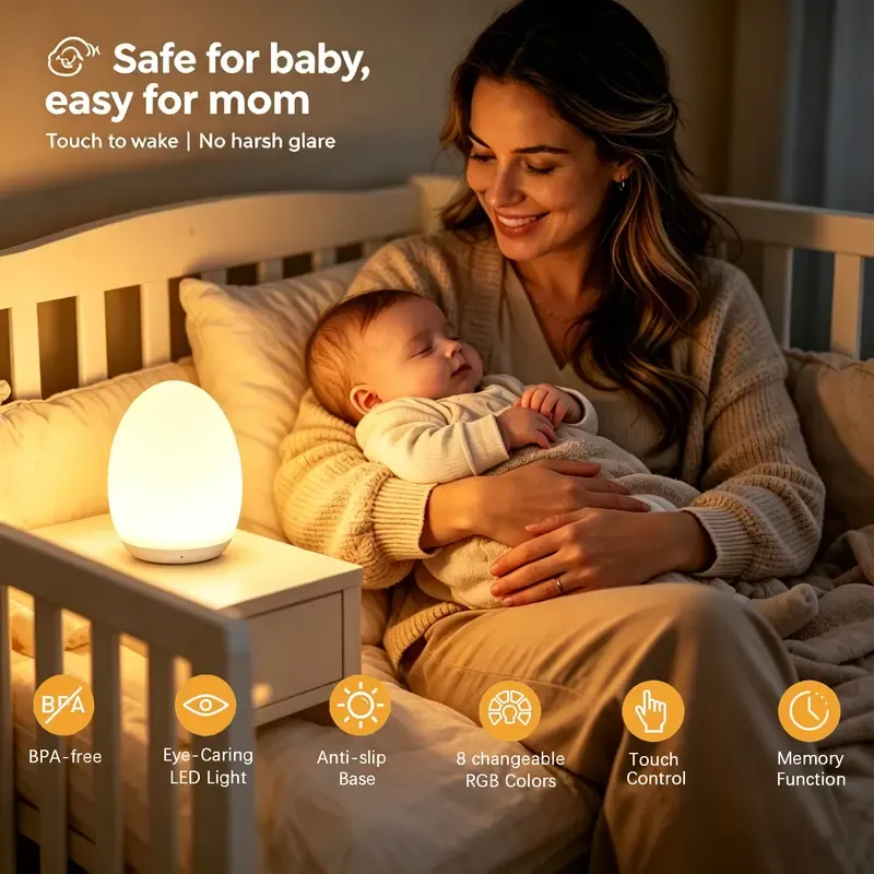 Kid's Night Light, Egg-Shaped Lamp, 7-Color RGB with Stepless Dimming, Rechargeable, Touch-Sensitive Switch – Baby Supplies, Home Decor, Mother's Day Special, Summer Ambiance, USB Rechargeable, Wireless Portable Lamp