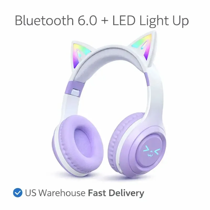 Wireless Bluetooth Cat Ear Headphones with Built in Microphone LED Light Up Foldable Over Ear Headphones for Phone Tablet iPad Laptop Computer Cute Gift for Kids Teens and Adults