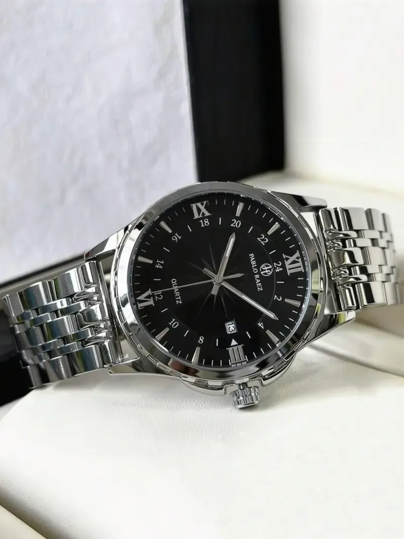 Men's Business Fashion Round Dial Analog Steel Quartz Watch, Fashion Watch for Party, Trendy All-match & Exquisite Watch with Box, Luminous Waterproof Watch