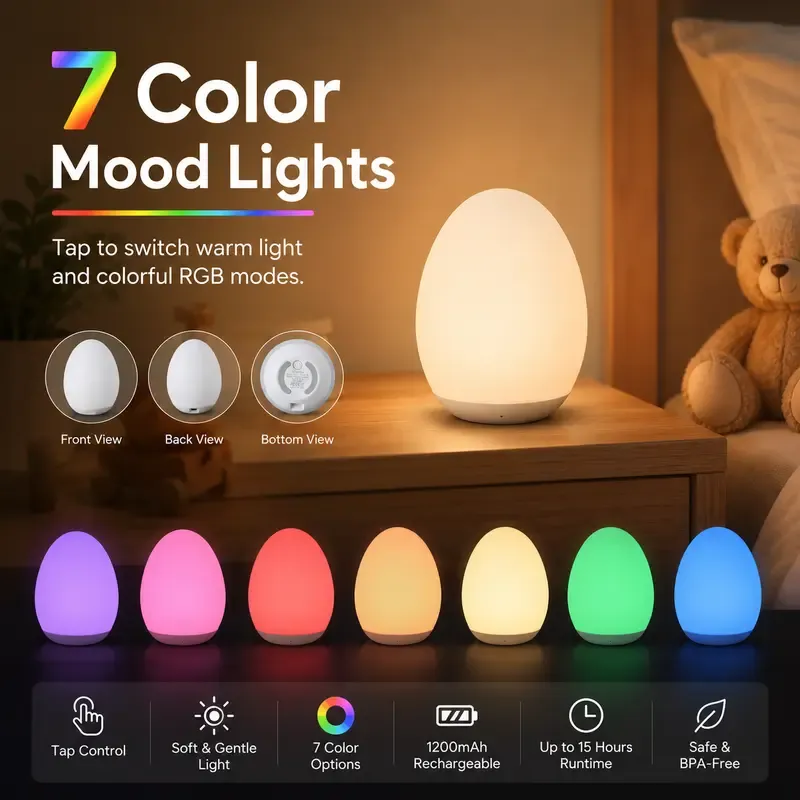 Kid's Night Light, Egg-Shaped Lamp, 7-Color RGB with Stepless Dimming, Rechargeable, Touch-Sensitive Switch – Baby Supplies, Home Decor, Mother's Day Special, Summer Ambiance, USB Rechargeable, Wireless Portable Lamp