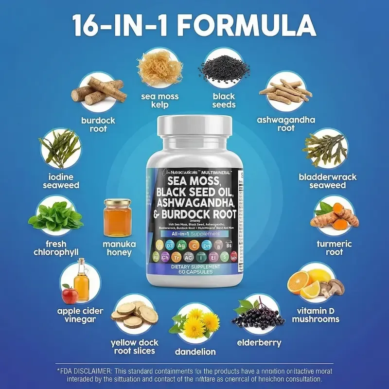 Clean Nutraceuticals Sea Moss Black Seed Oil Ashwagandha Supplement Turmeric, Bladderwrack, Burdock, Vitamin C, Vitamin D3 with Elderberry Manuka Supplement Capsules – MultiMineral