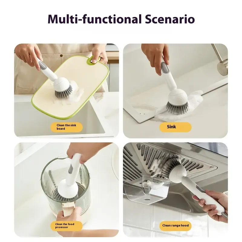 6-in-1 ABS Dish Brush with Soap Detergent Dispenser, Adjustable Angle, Rotatable Scrub Function, Wall Mount - Includes Scouring Pad, Ideal for Sink, Pots, Pans Kitchen Cleaning