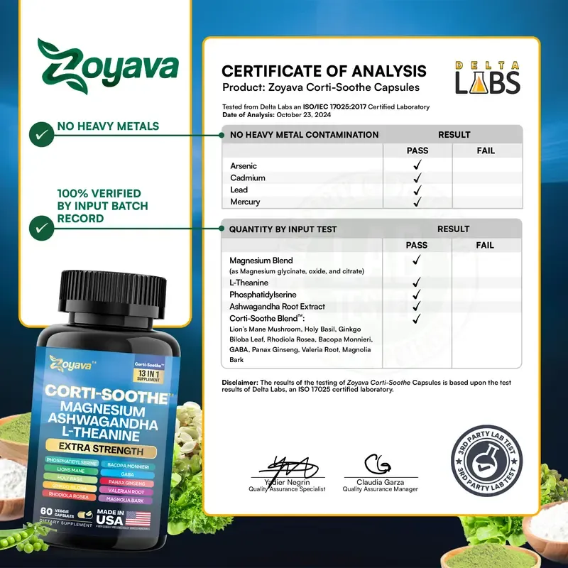 Zoyava Corti-Soothe Supplement, All-in-One Cortisol Supplement with Magnesium, Ashwagandha, L-Theanine & 10+ Extra Strength Ingredients, 60 Capsules, MADE IN USA
