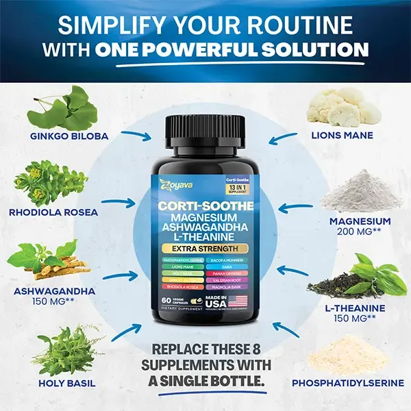 Zoyava Corti-Soothe Supplement, All-in-One Cortisol Supplement with Magnesium, Ashwagandha, L-Theanine & 10+ Extra Strength Ingredients, 60 Capsules, MADE IN USA