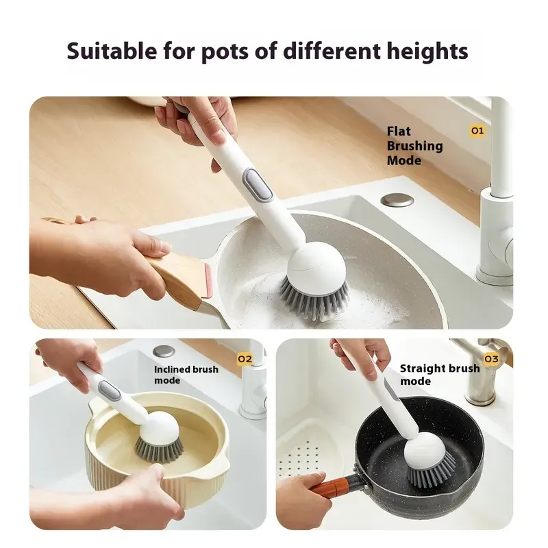 6-in-1 ABS Dish Brush with Soap Detergent Dispenser, Adjustable Angle, Rotatable Scrub Function, Wall Mount - Includes Scouring Pad, Ideal for Sink, Pots, Pans Kitchen Cleaning