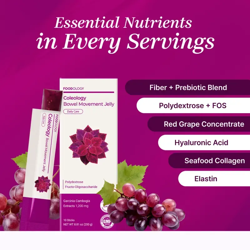 FOODOLOGY  Coleology Bowel Movement Jelly, Gut Comfort Relieves Bloating and Supports more Comfortable Grape-Flavored Jelly Sticks,Fiber Supplement , Garcinia Cambogia, Collagen, Chia Seeds 1 Pack of 10