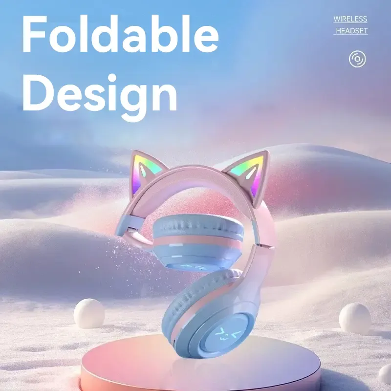 Wireless Bluetooth Cat Ear Headphones with Built in Microphone LED Light Up Foldable Over Ear Headphones for Phone Tablet iPad Laptop Computer Cute Gift for Kids Teens and Adults