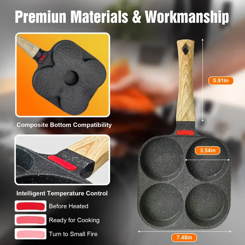 Non-stick Hole Design Egg Frying Pan, 4 Hole Skillet with Handle, Small Egg Fry Pan 3-in-1 Divided Grill Pan, Wooden Handle Stone Omelet Non-stick Cookware, Breakfast Pancake Pan, Kitchen Gadgets for Gas and Induction Cooktops gas stove