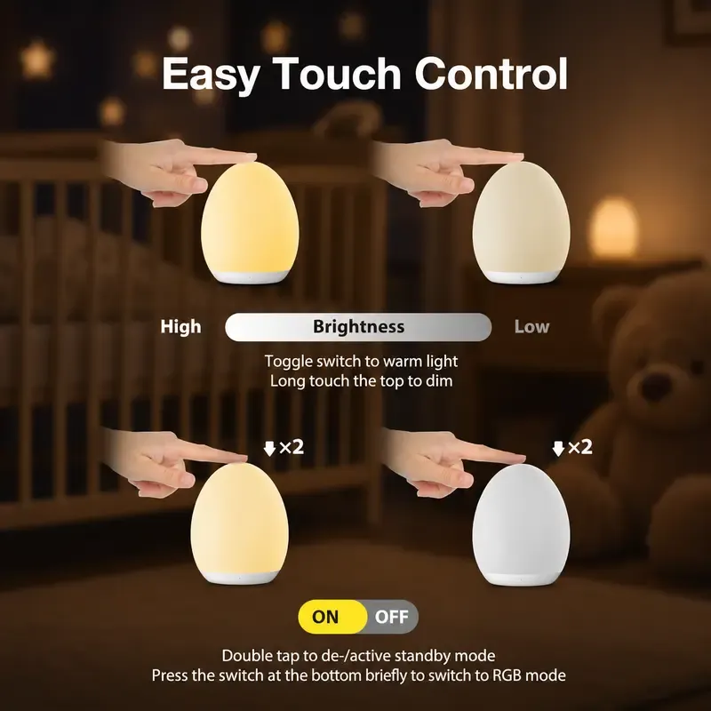 Kid's Night Light, Egg-Shaped Lamp, 7-Color RGB with Stepless Dimming, Rechargeable, Touch-Sensitive Switch – Baby Supplies, Home Decor, Mother's Day Special, Summer Ambiance, USB Rechargeable, Wireless Portable Lamp