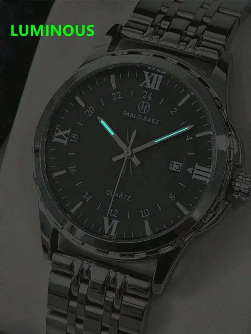 Men's Business Fashion Round Dial Analog Steel Quartz Watch, Fashion Watch for Party, Trendy All-match & Exquisite Watch with Box, Luminous Waterproof Watch