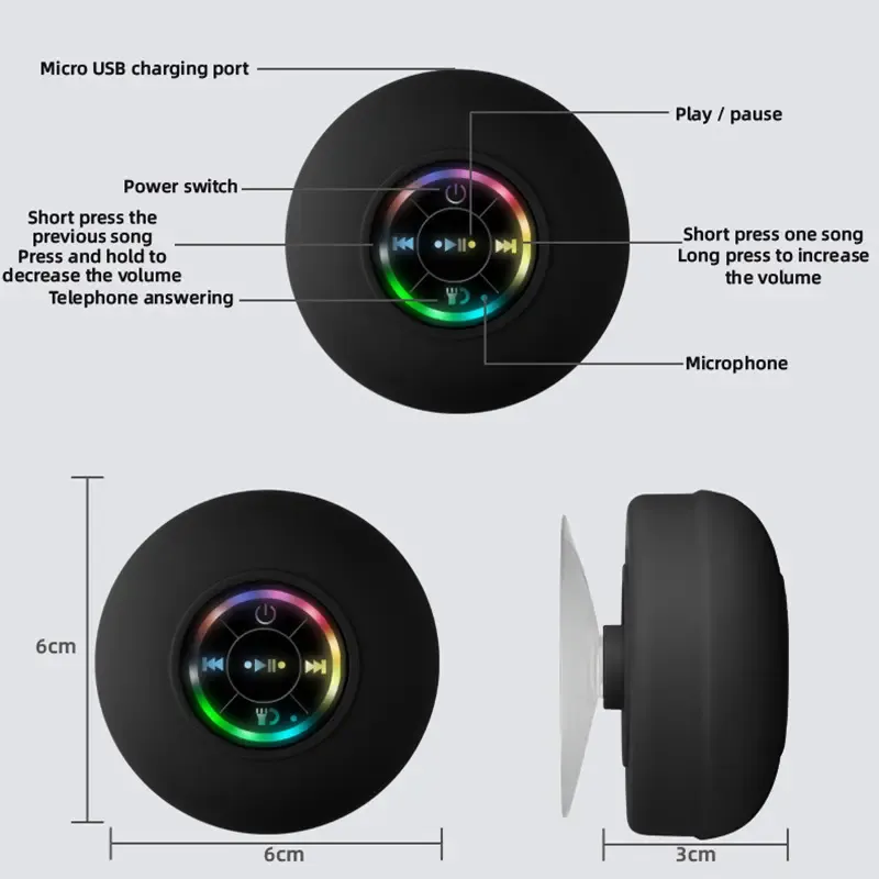 Mini Bluetooth Shower Speaker with LED light, Portable IPX4 Waterproof, Hands-Free Speakerphone. Rechargeable Using Micro USB, Wireless Stereo for Beach, Shower & Home