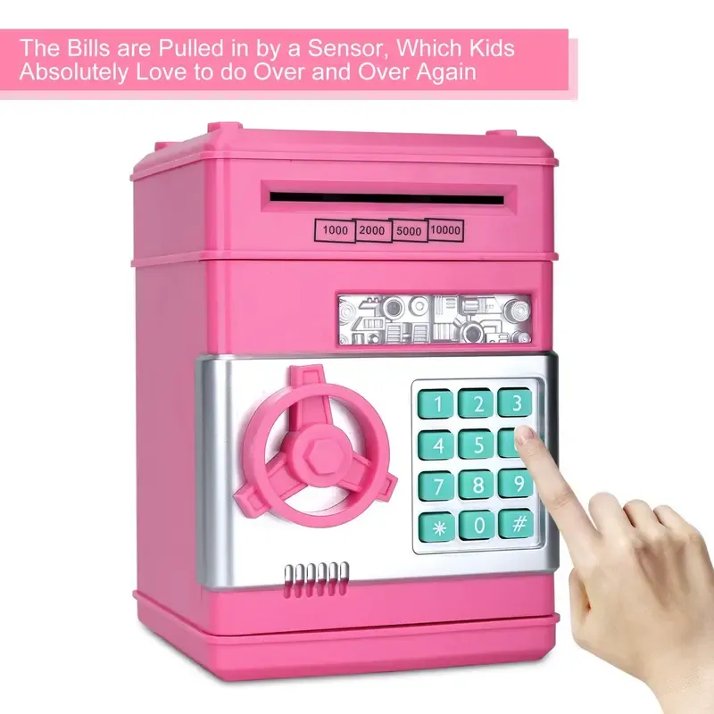 Pink Piggy Bank for Kids with Password Code Lock and Auto Grab Bill Slot, Real Money Cash Coin Can Saving Box Electronic Money Safe Bank, Hot Gift for 4 7 8 9 10 11 Year Old Boys Girls