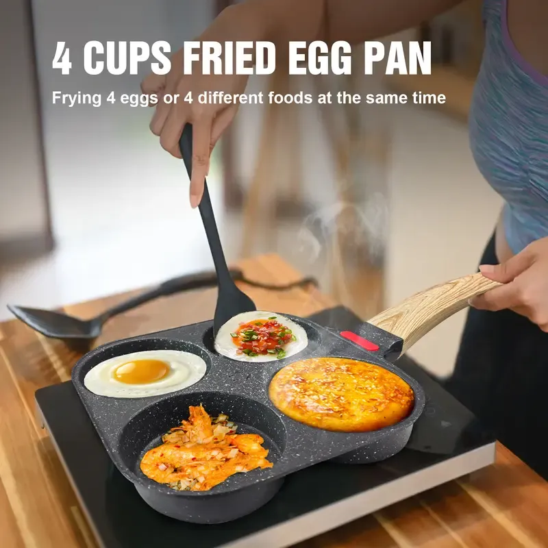 Non-stick Hole Design Egg Frying Pan, 4 Hole Skillet with Handle, Small Egg Fry Pan 3-in-1 Divided Grill Pan, Wooden Handle Stone Omelet Non-stick Cookware, Breakfast Pancake Pan, Kitchen Gadgets for Gas and Induction Cooktops gas stove