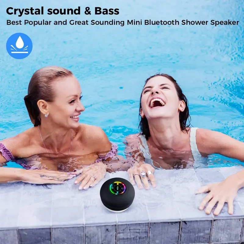 Mini Bluetooth Shower Speaker with LED light, Portable IPX4 Waterproof, Hands-Free Speakerphone. Rechargeable Using Micro USB, Wireless Stereo for Beach, Shower & Home