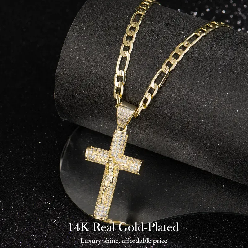 Holylegend 14K Real Gold-Plated Christian Cross Necklace for Men - Advanced Nanotech Tarnish-Free Cuban Link, Figaro, Rope Miami Chains with Jesus Crucifix Pendant, 24in Daily Wear Jewelry Accessory Gift,Father's Day Gift