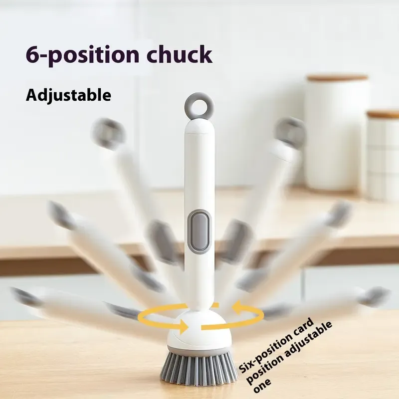 6-in-1 ABS Dish Brush with Soap Detergent Dispenser, Adjustable Angle, Rotatable Scrub Function, Wall Mount - Includes Scouring Pad, Ideal for Sink, Pots, Pans Kitchen Cleaning
