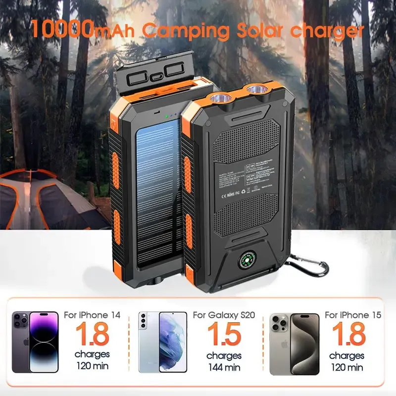 10000mAh Portable Solar Power Bank, Waterproof Solar Phone Charger with LED Light and Dual USB Ports, Compatible with iPhone and Android  GLOBAL PICKS
