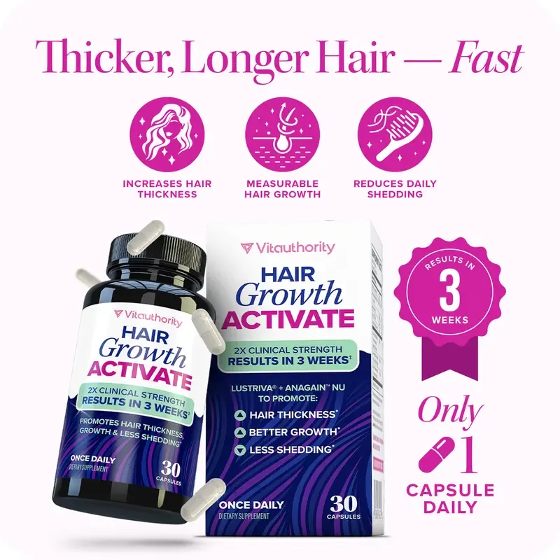 Vitauthority Hair Growth Activate Capsules - 30 Count, Clinically Studied Ingredients for Thicker Fuller Hair in 3 Weeks, Once Daily Formula