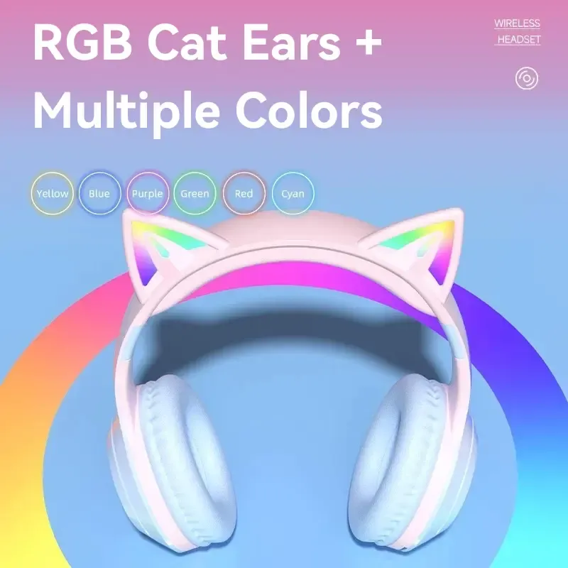 Wireless Bluetooth Cat Ear Headphones with Built in Microphone LED Light Up Foldable Over Ear Headphones for Phone Tablet iPad Laptop Computer Cute Gift for Kids Teens and Adults