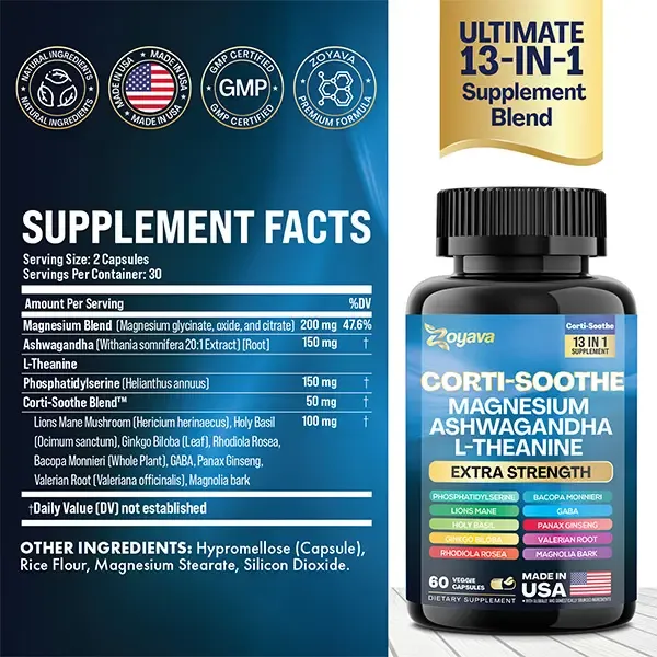 Zoyava Corti-Soothe Supplement, All-in-One Cortisol Supplement with Magnesium, Ashwagandha, L-Theanine & 10+ Extra Strength Ingredients, 60 Capsules, MADE IN USA