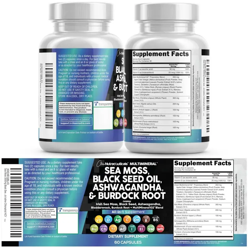 Clean Nutraceuticals Sea Moss Black Seed Oil Ashwagandha Supplement Turmeric, Bladderwrack, Burdock, Vitamin C, Vitamin D3 with Elderberry Manuka Supplement Capsules – MultiMineral