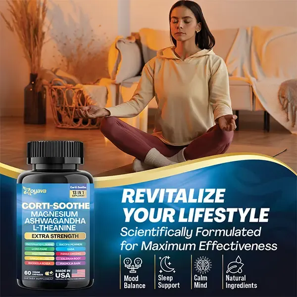 Zoyava Corti-Soothe Supplement, All-in-One Cortisol Supplement with Magnesium, Ashwagandha, L-Theanine & 10+ Extra Strength Ingredients, 60 Capsules, MADE IN USA