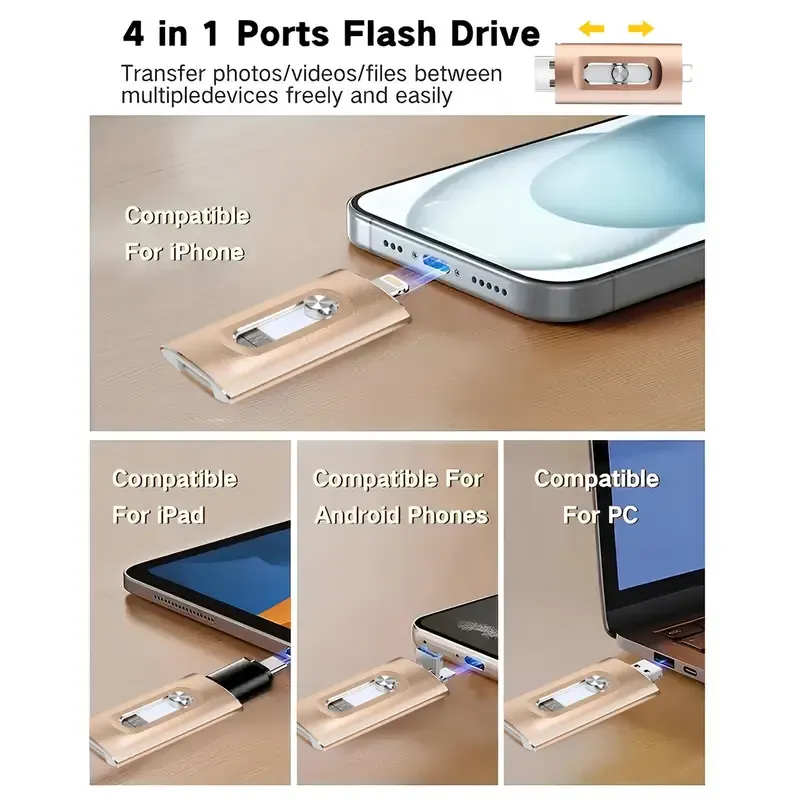 4 in 1 256GB Flash Drive, High-Speed USB 3.0 External Storage for iPhone Android PC Mac, OTG Flash Pen Drive with Free Type-C, High Speed USB Memory Stick iPhone Flash Drive for Photos Videos