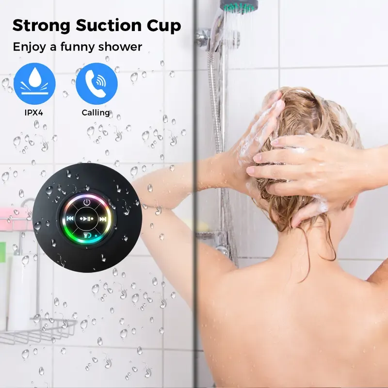 Mini Bluetooth Shower Speaker with LED light, Portable IPX4 Waterproof, Hands-Free Speakerphone. Rechargeable Using Micro USB, Wireless Stereo for Beach, Shower & Home