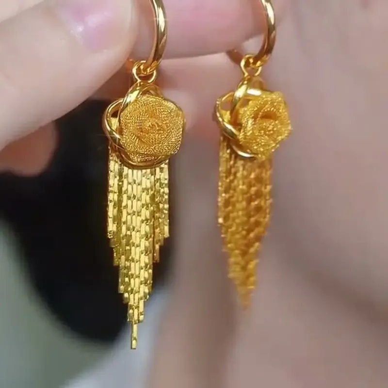 LisiZen Rose Tassel Earrings 14K Gold Plated Long Drop Earrings French Style Floral Earrings Sparkling Chain Jewelry, Elegant Statement Earrings for Women DZEH4279 Chic