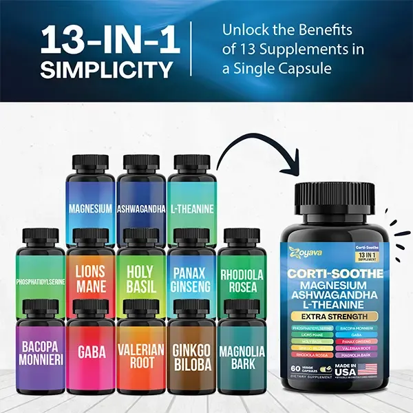 Zoyava Corti-Soothe Supplement, All-in-One Cortisol Supplement with Magnesium, Ashwagandha, L-Theanine & 10+ Extra Strength Ingredients, 60 Capsules, MADE IN USA