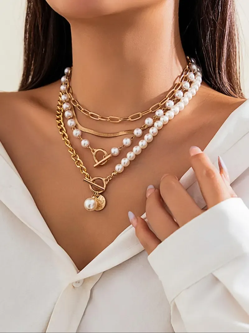 Faux Pearl Decorated Layered Pearl Chain Necklace, Layered Necklaces, Dangling Pearl Necklace, Fashion Jewelry for Party, Daily Clothing Decor, Trendy All-match & Exquisite Jewelry for Birthday Gift, Chic Gorgeous Jewelry