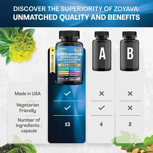 Zoyava Corti-Soothe Supplement, All-in-One Cortisol Supplement with Magnesium, Ashwagandha, L-Theanine & 10+ Extra Strength Ingredients, 60 Capsules, MADE IN USA
