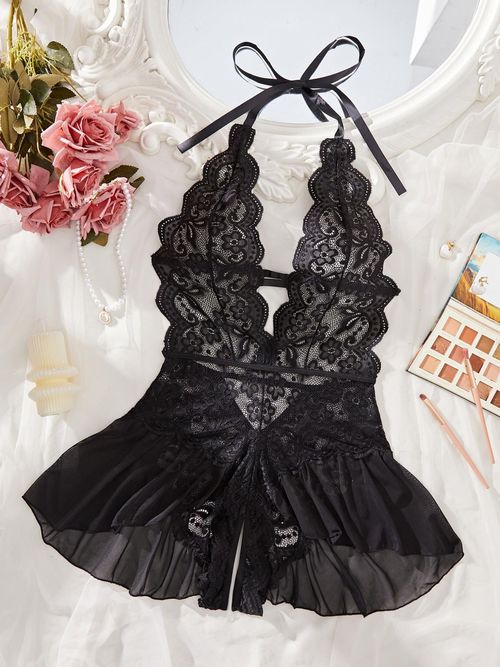 Women's Lace Jumpsuit, Halter Deep V Sheer Ruffle Design, Couples Date Night Pajamas, Elegant Plain Style, All Seasons Wear, Lingerie