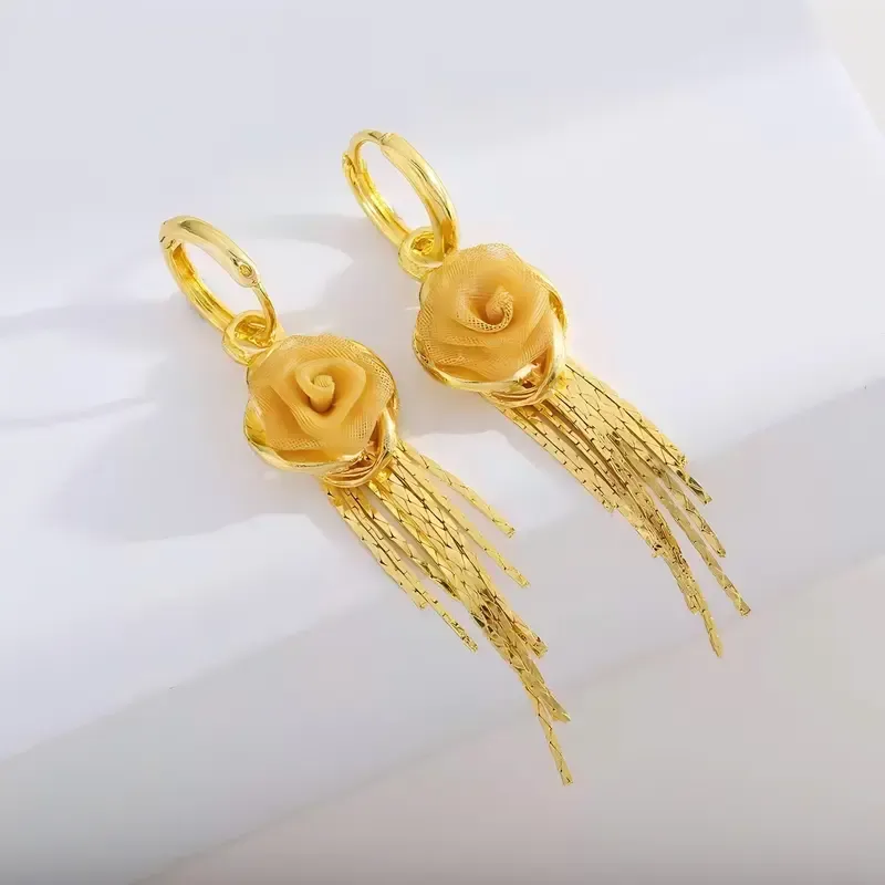 LisiZen Rose Tassel Earrings 14K Gold Plated Long Drop Earrings French Style Floral Earrings Sparkling Chain Jewelry, Elegant Statement Earrings for Women DZEH4279 Chic