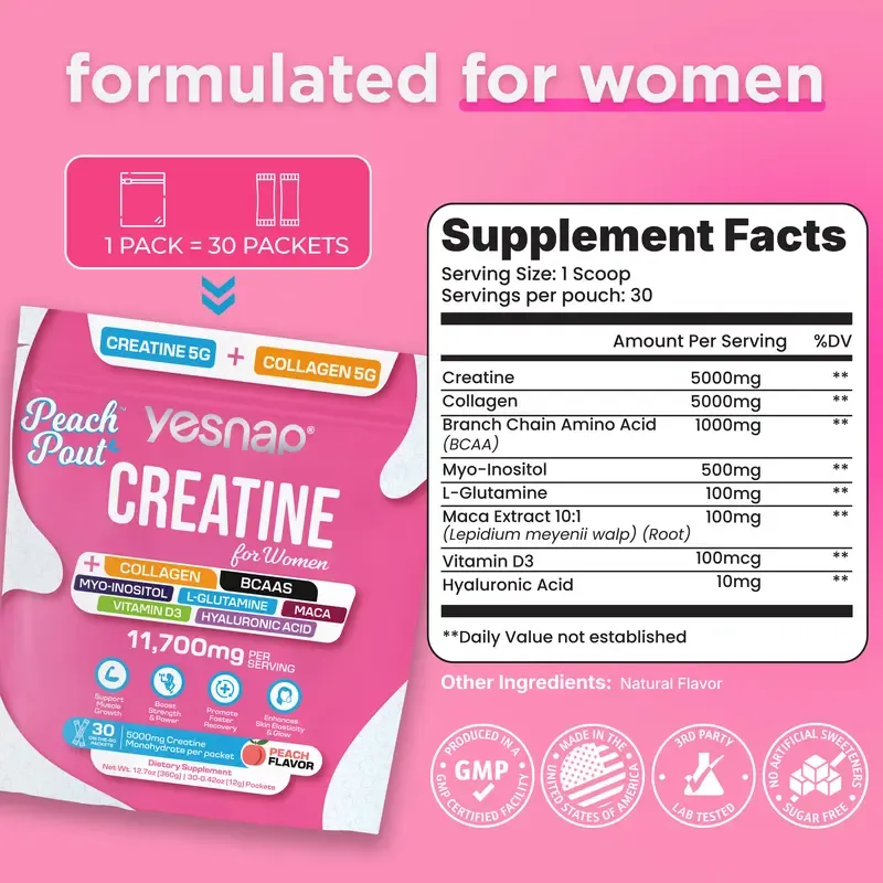 YESNAP PeachPout Creatine for Women, 5g Creatine Monohydrate + 5g Collagen Powder, Myo-Inositol & BCAA, MACA, Hyaluronic Acid, Delicious Peach Flavor, 30 Packets, All-in-One Women Wellness Supplement