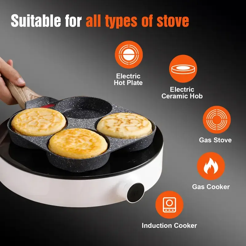 Non-stick Hole Design Egg Frying Pan, 4 Hole Skillet with Handle, Small Egg Fry Pan 3-in-1 Divided Grill Pan, Wooden Handle Stone Omelet Non-stick Cookware, Breakfast Pancake Pan, Kitchen Gadgets for Gas and Induction Cooktops gas stove