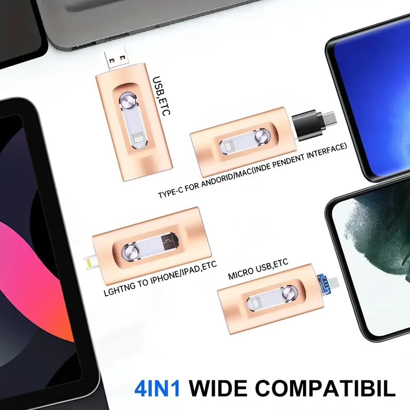 4 in 1 256GB Flash Drive, High-Speed USB 3.0 External Storage for iPhone Android PC Mac, OTG Flash Pen Drive with Free Type-C, High Speed USB Memory Stick iPhone Flash Drive for Photos Videos