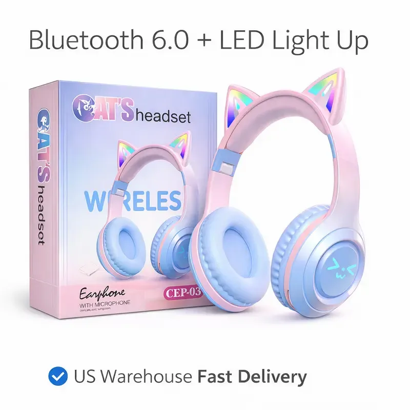 Wireless Bluetooth Cat Ear Headphones with Built in Microphone LED Light Up Foldable Over Ear Headphones for Phone Tablet iPad Laptop Computer Cute Gift for Kids Teens and Adults