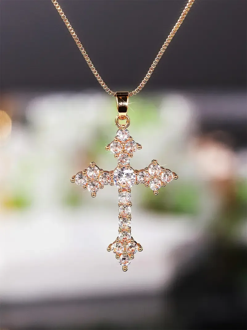 Rhinestone Cross Pendant Necklace for Women, 1 Piece Fashion Jewelry for Party, Daily Clothing Decor, Trendy Jewelry for Birthday Gift